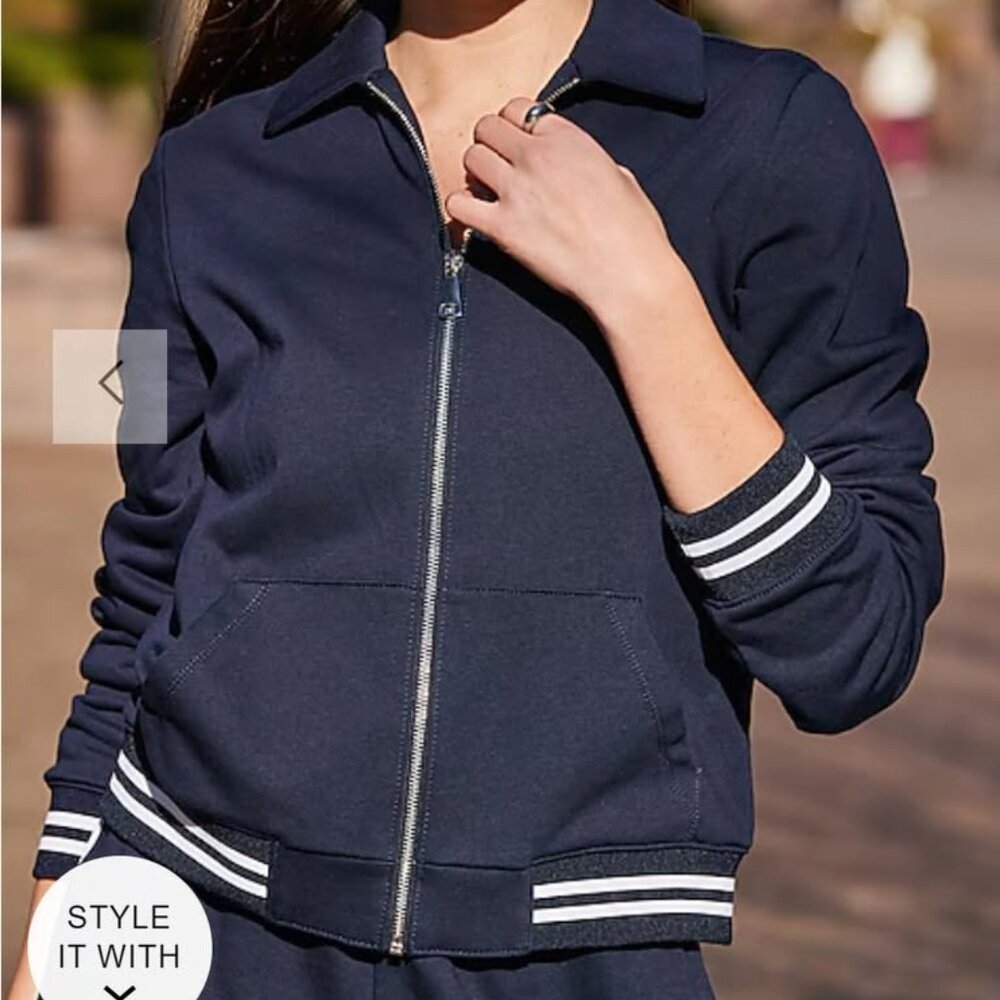 NEW Express Cropped Bomber Jacket in Navy / White Knit Stripe Cuff